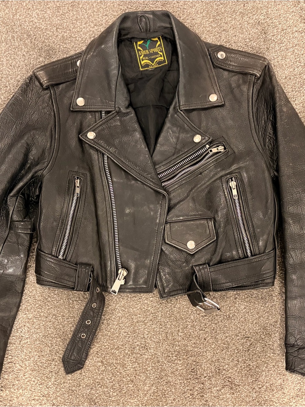 Vintage Real Black Leather Moto Jacket with Silver Zippers Cropped